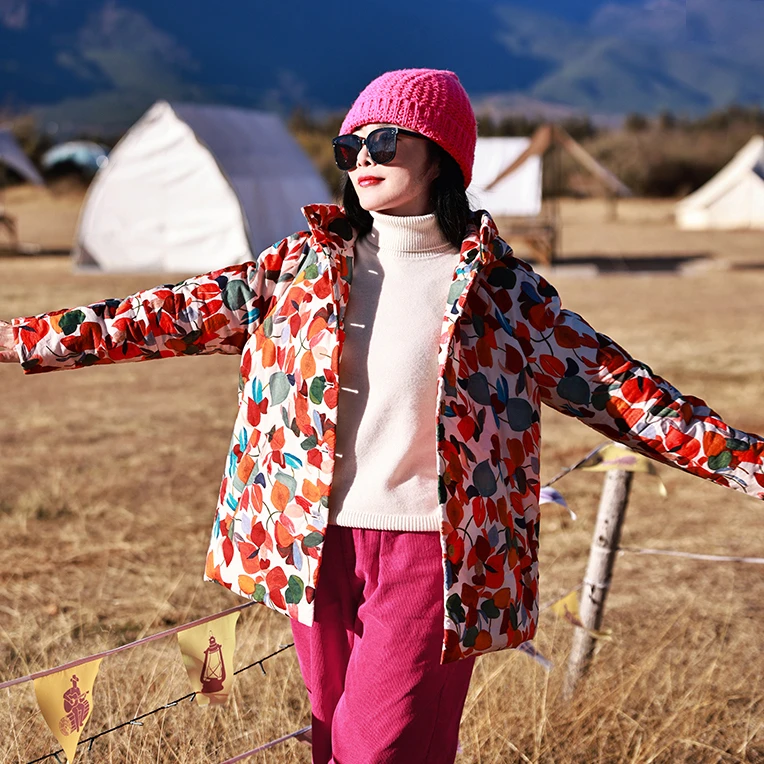 彩叶/十木米原创设计纯棉印花连帽夹棉棉服外套冬季女短款棉服