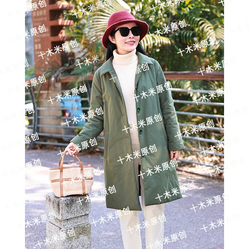 绿洲/十木米原创冬季新款全棉军绿色文艺百搭翻领棉服外套女
