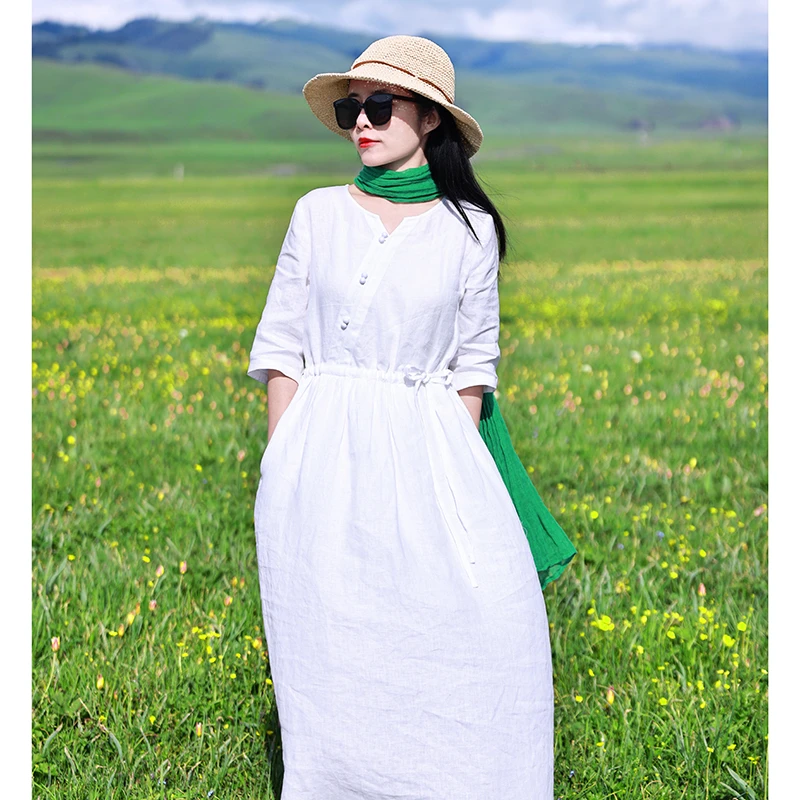 白袖/十木米原创夏季新款亚麻旅行文艺小清新白色连衣裙裙子