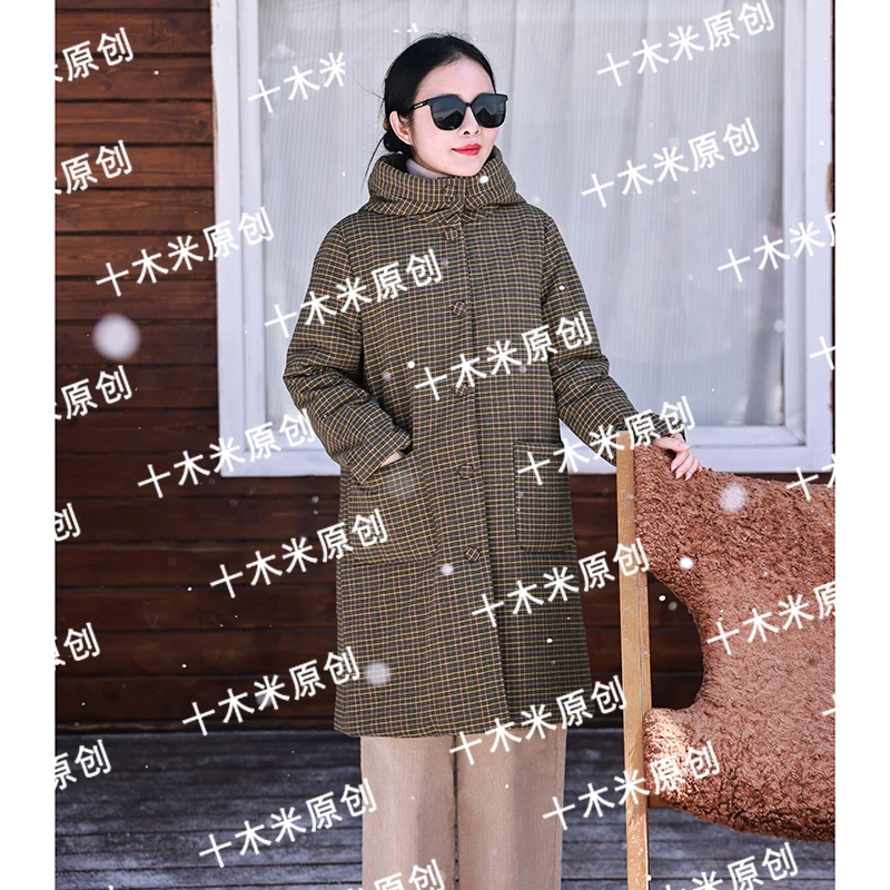 深月/十木米原创冬季新款色织格子全棉文艺百搭加厚冬季棉服外套
