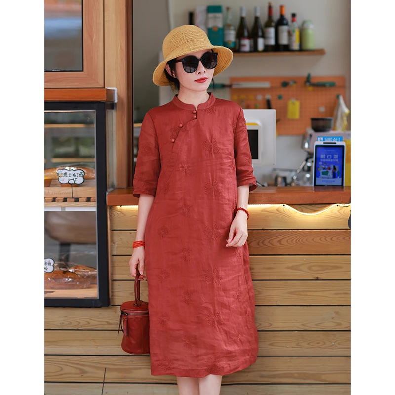 喜月/十木米原创夏新款苎麻绣花文艺复古红色改良旗袍连衣裙