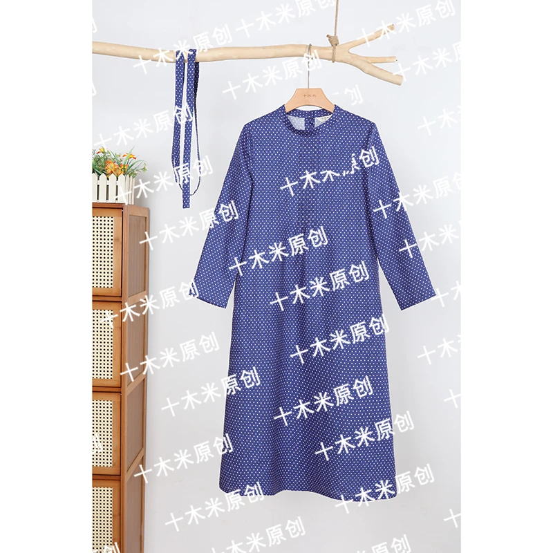 梦玉/十木米原创设计秋季新款亚麻波点印花文艺气质显瘦连衣裙