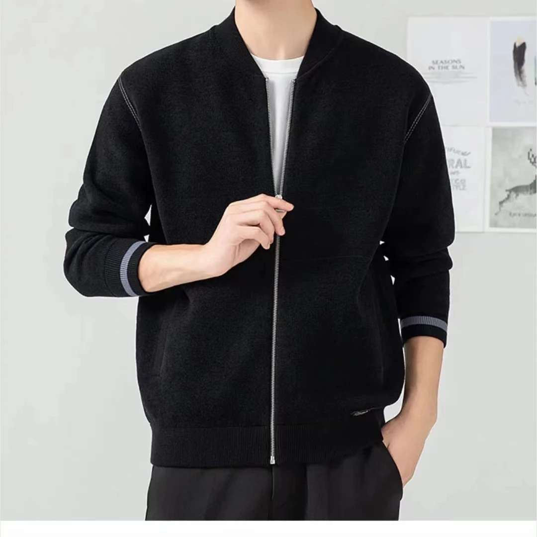 一定入气质单品 笔挺有型 秋冬男士保暖高密度针织开衫棒球领外套