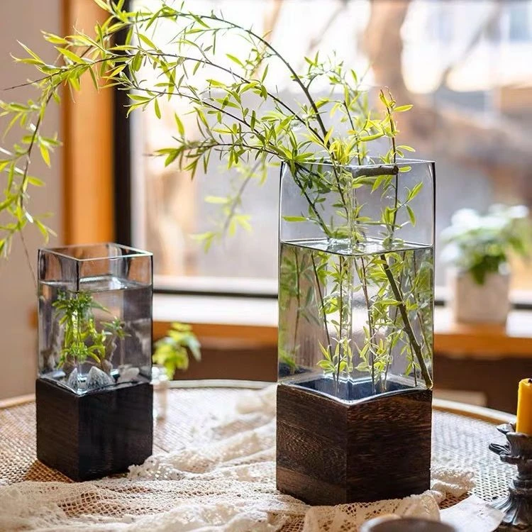 日式创意方口复古轻奢原色木托玻璃花瓶水培鲜花简约装饰百合花