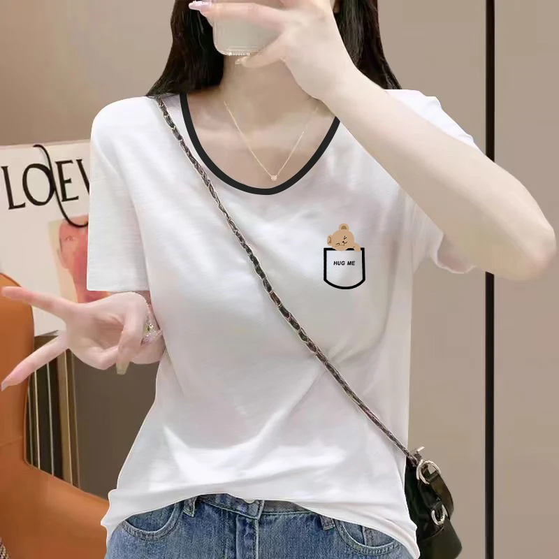 2024夏季新款白色棉质短袖t恤女显瘦遮肚内搭撞色宽松V领女士上衣