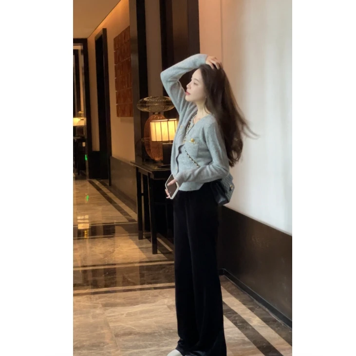 韩国进口金丝绒阔腿裤高腰直筒裤休闲裤XY1094