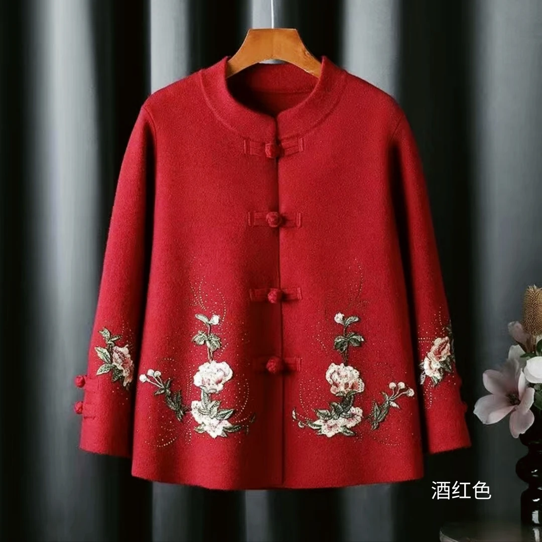 09-2刺绣毛针织开衫外套喜妈妈外套春秋长袖中老年女士复古中式