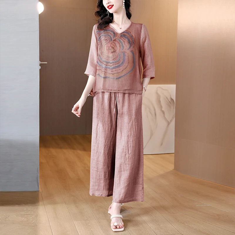 妈妈夏装短袖印花上衣宽松阔腿裤两件套女装高端气质大码时尚套装