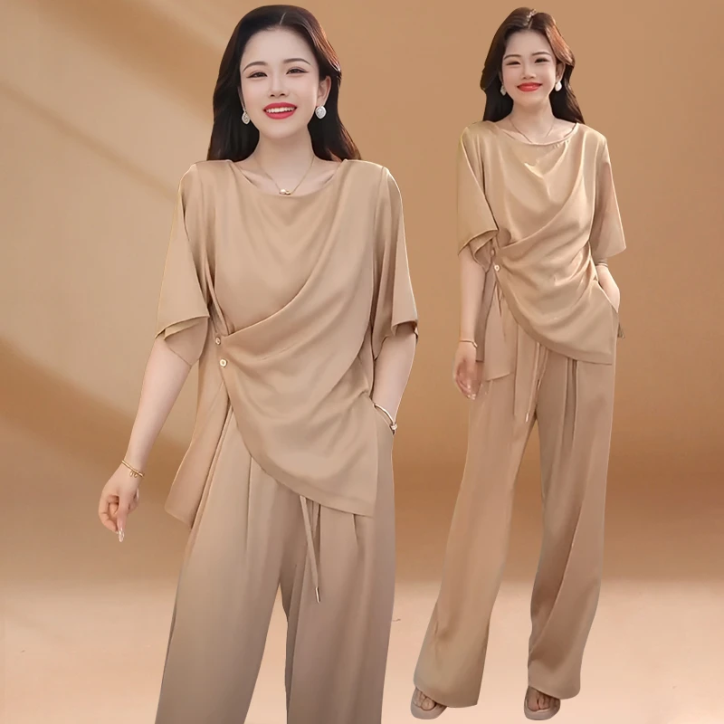 不规则设计感休闲套装女2025新款夏时尚复古显瘦短袖直筒裤两件套