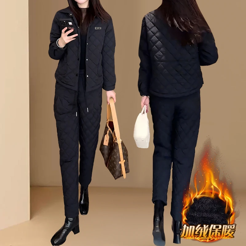 时尚洋气保暖加绒加厚套装女2025冬季新款短款棉衣外套棉裤两件套