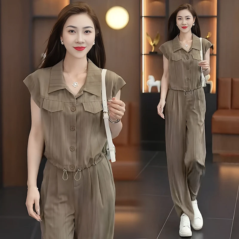 韩版短袖衬衫套装2025夏季新款时尚洋气显瘦减龄上衣直筒裤两件套