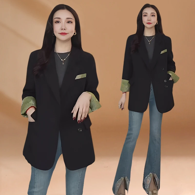 中长款双排扣西装女2025年春秋新款国风气质百搭宽松休闲外套上衣