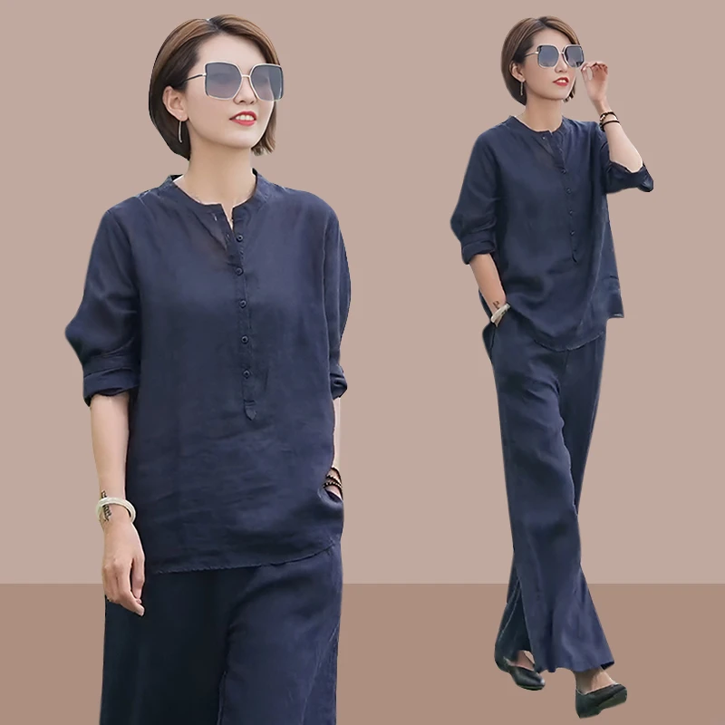 时尚大码套装女2025夏季新款七分袖衬衫上衣阔腿裤百搭休闲两件套