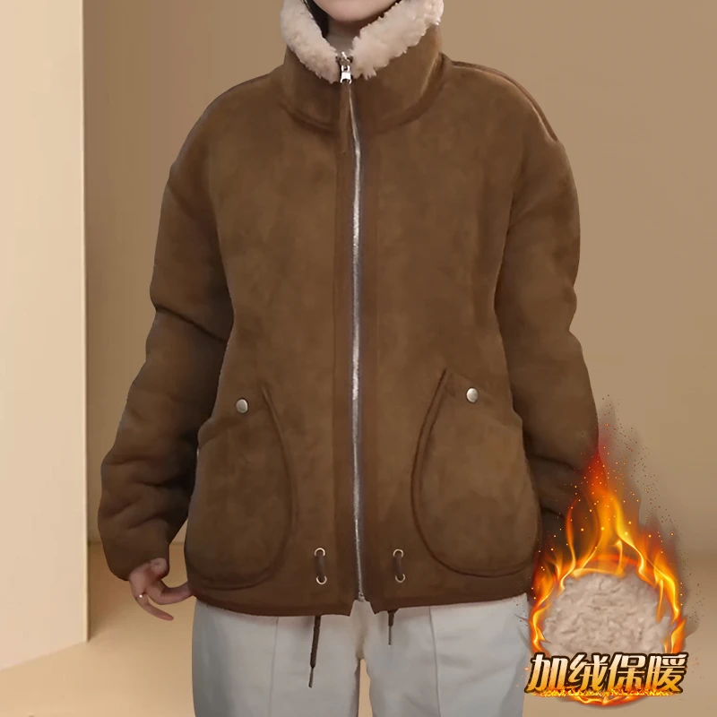 宽松皮毛一体毛毛外套女立领拉链2025秋冬新款双面穿加厚保暖大衣