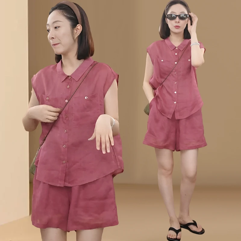 高级感时尚设计感套装女夏新款时尚翻领无袖衬衫上衣短裤两件套女