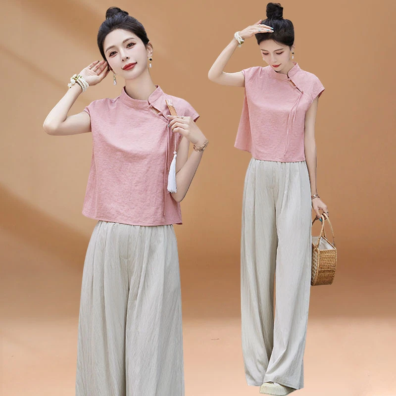 新中式国风2025年新款盘扣马甲上衣搭配阔腿裤穿搭一整套装女夏季