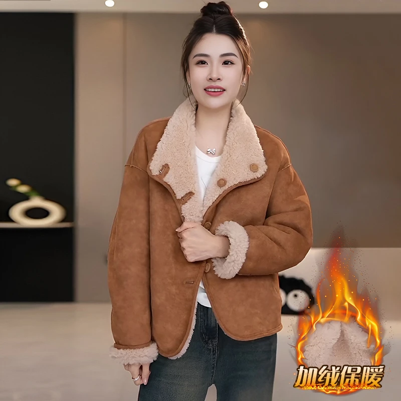 咖色毛毛外套女士冬季新款两面穿复古加绒保暖夹克皮毛一体上衣女