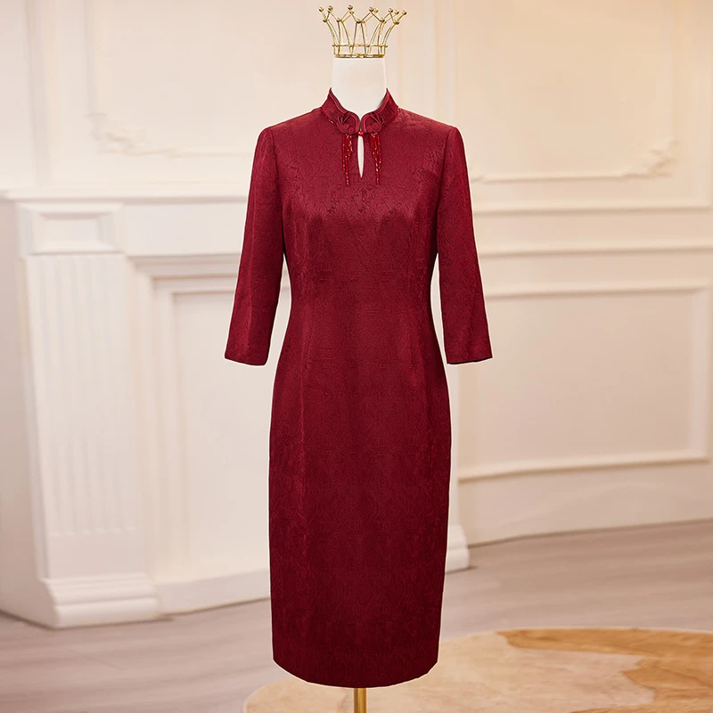 蕾蒂若2024秋季新款喜婆婆喜妈妈装酒红色旗袍裙气质显年轻1214