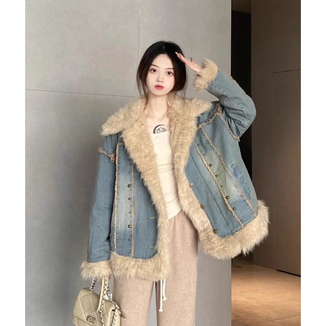 大码女装秋冬季牛仔毛毛领外套新款港风复古夹棉加厚棉服棉衣上衣