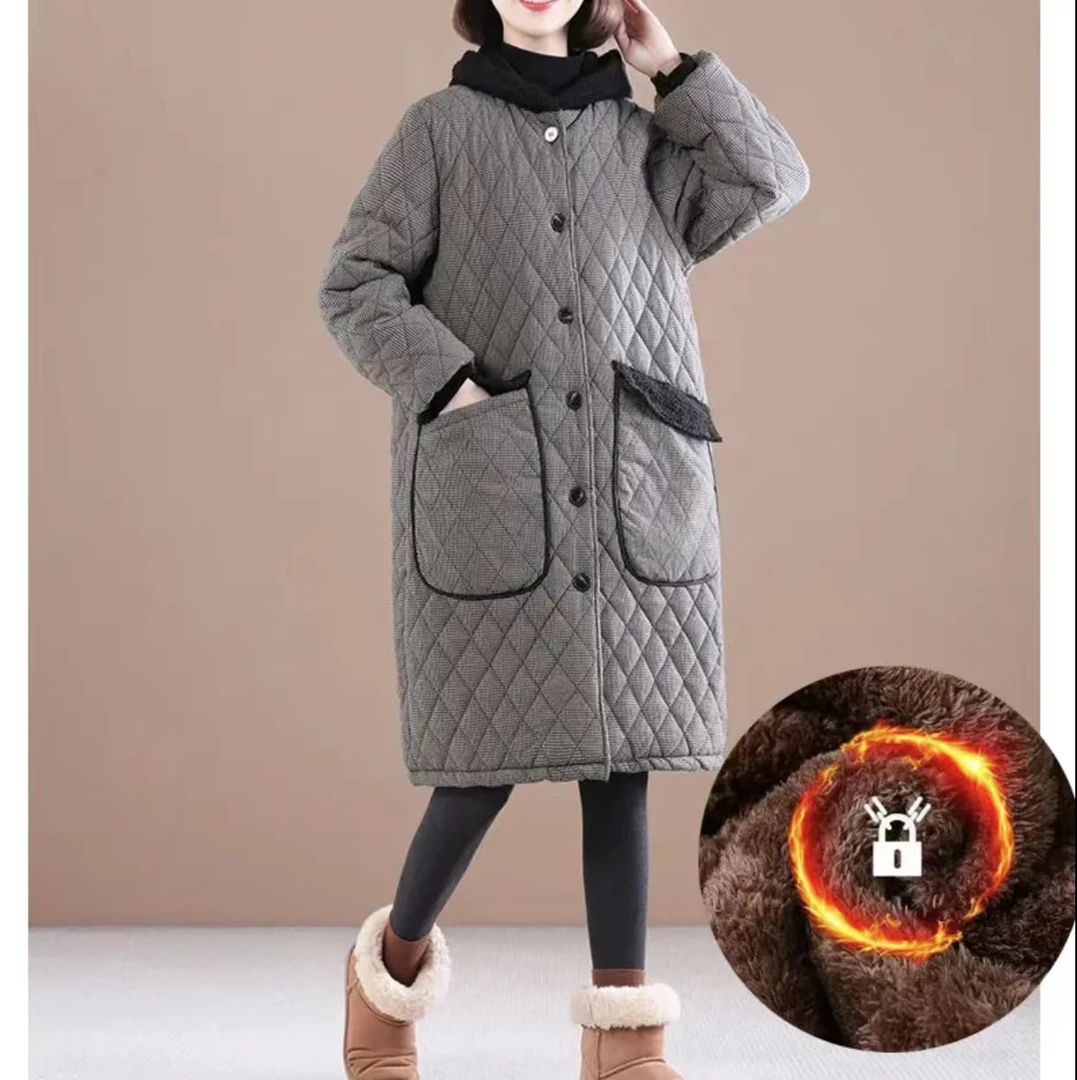 冬季新款韩版宽松大码棉服碎花加棉加厚保暖连帽棉衣女中长款