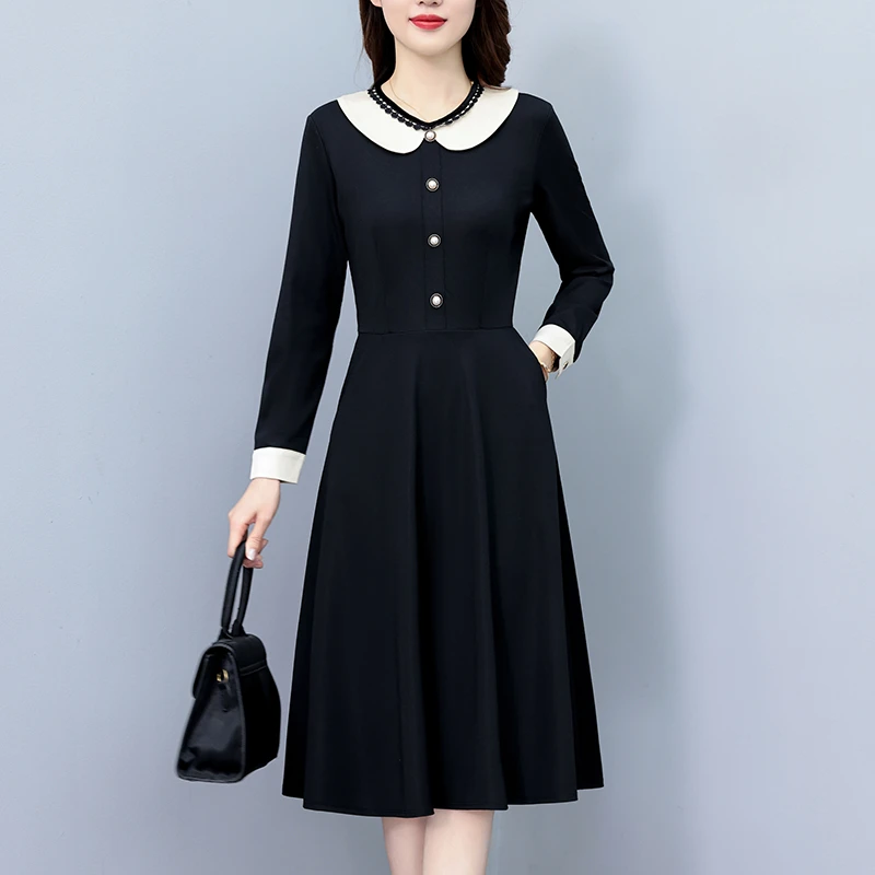 撞色拼接假两件早秋新款连衣裙修身中长款大码女装时尚气质小黑裙