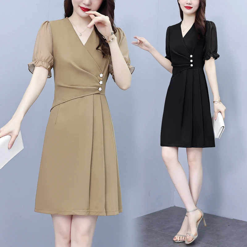高级感职业大码女装2025新款连衣裙夏季薄款修身显瘦V领短袖裙子