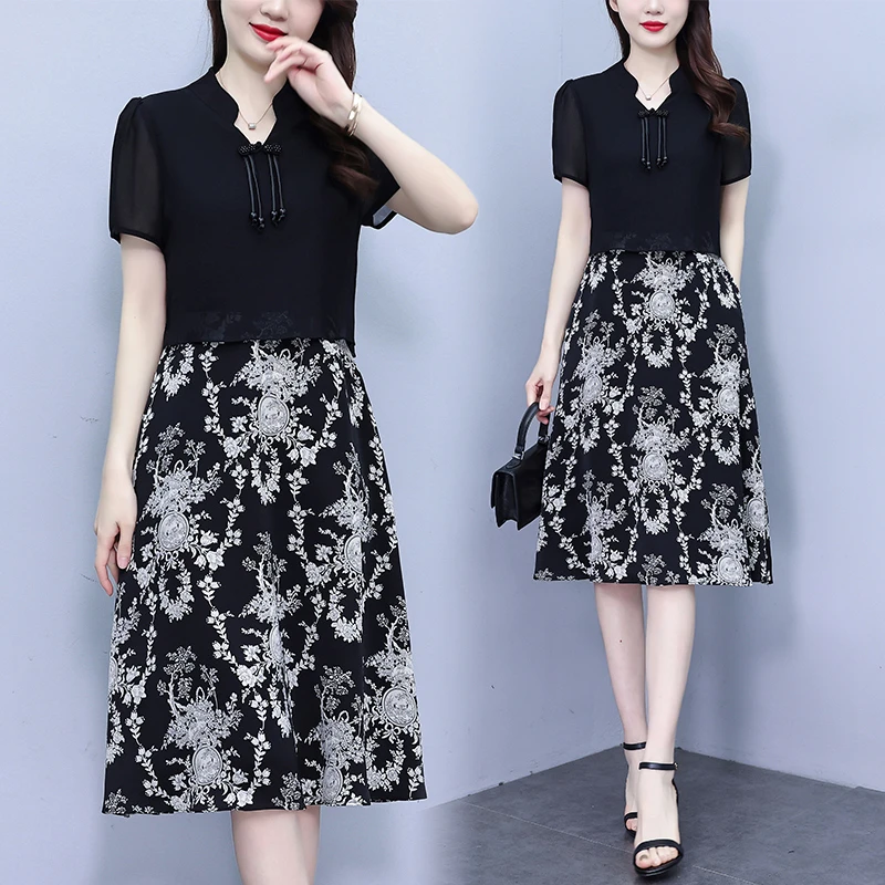 假两件大码国风改良连衣裙女2024夏季新款高端气质显瘦雪纺连衣裙