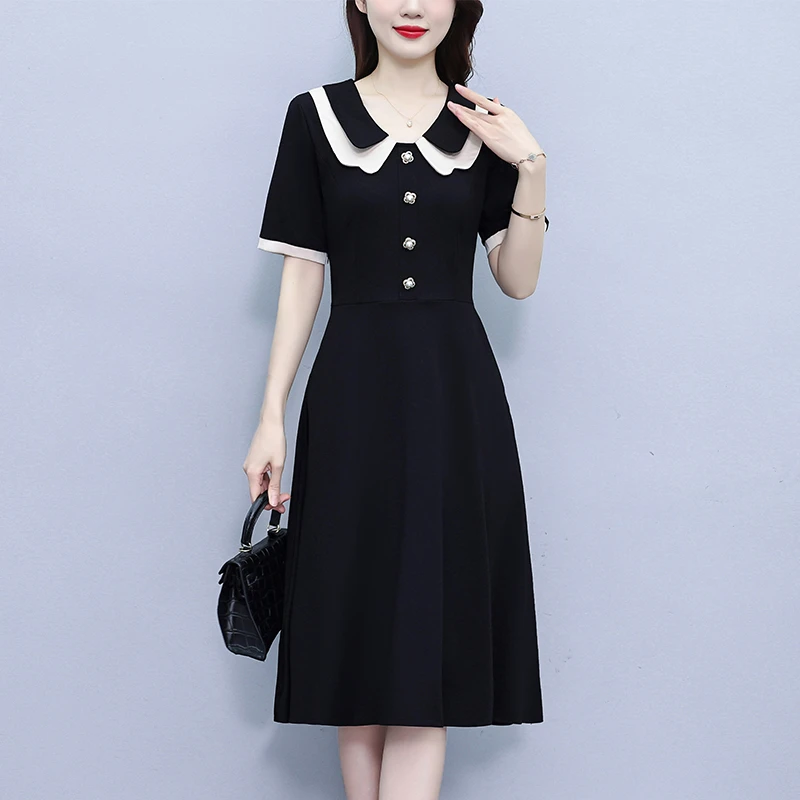 2025气质简约时尚黑色娃娃领大码女装洋气修身短袖夏季新款连衣裙