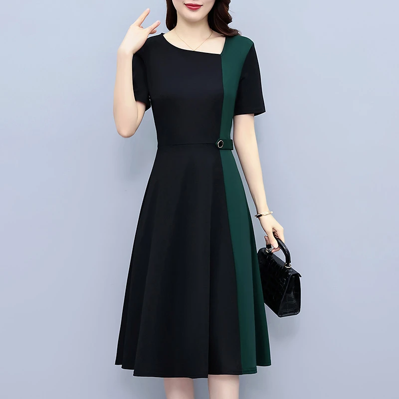 2025夏季新款大码女装拼接时尚洋气短袖遮肉显瘦中长款连衣裙子