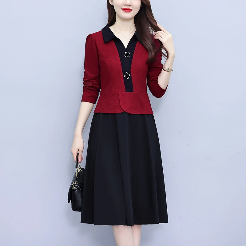 撞色气质显瘦遮肚中长款修身大码女装胖mm春秋新款长袖打底连衣裙