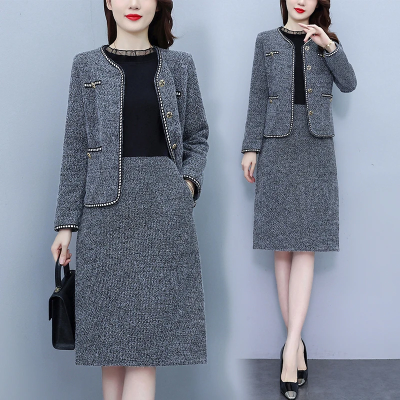洋气小香风两件套2024冬季新款高贵大码毛呢外套拼接连衣裙套装