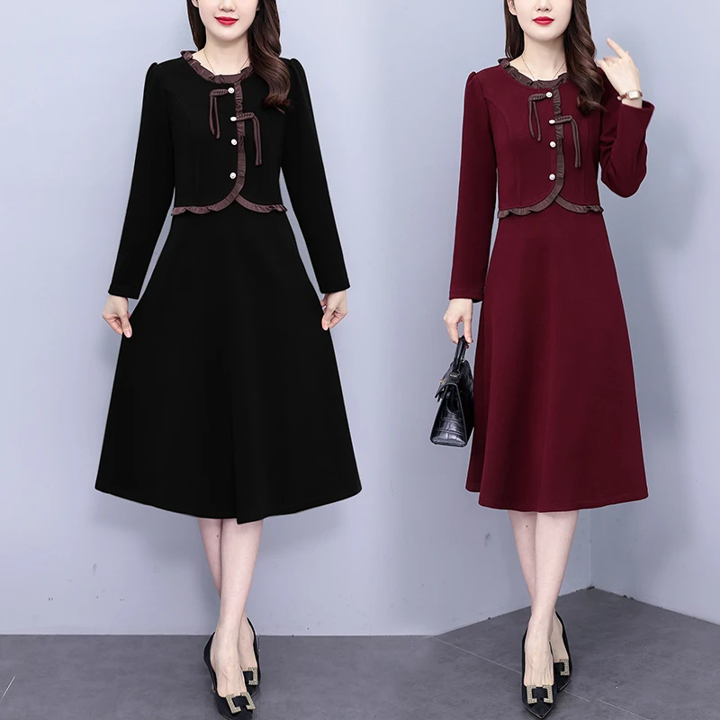 高档大码女装2024春秋新款减龄修身显瘦假两件长袖百搭气质连衣裙