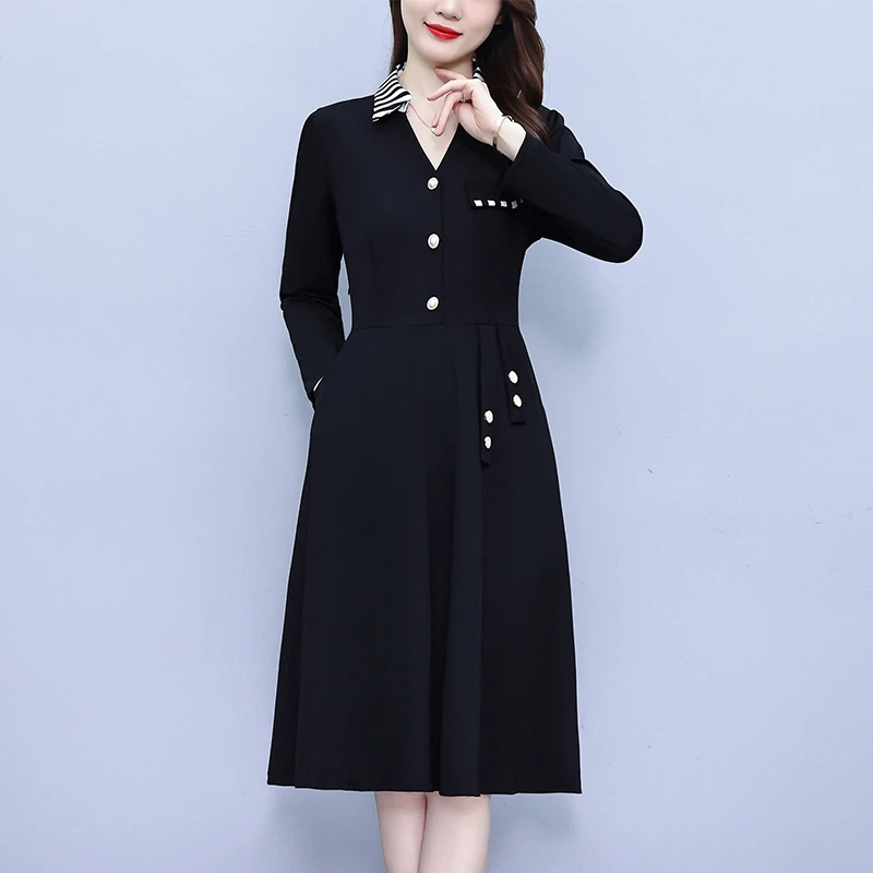 2024新款条纹遮肚中长款连衣裙长袖大码女装胖mm气质修身拼色裙子