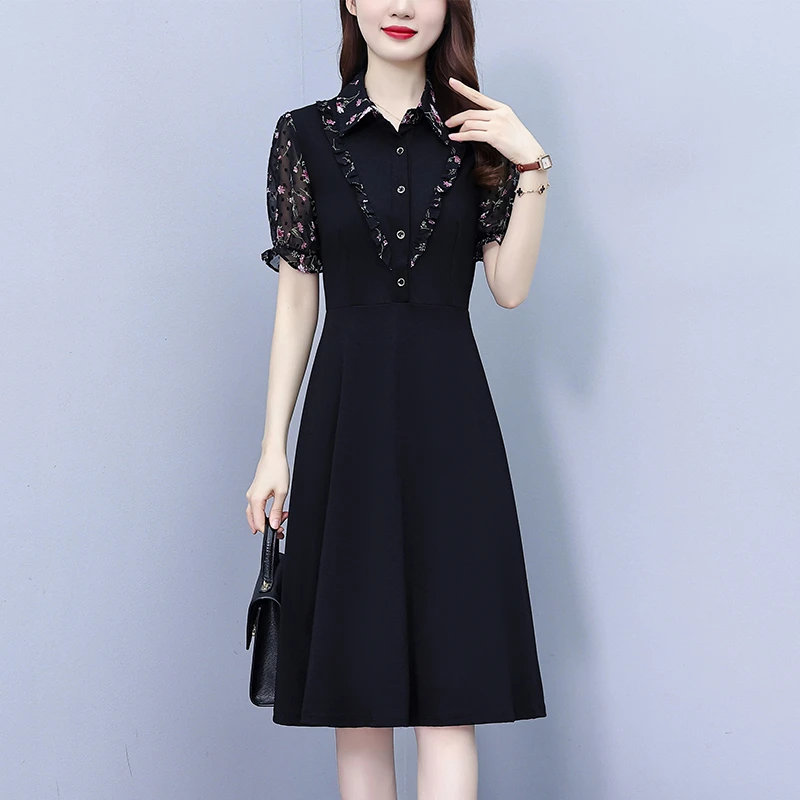 大码女装2025夏季胖mm雪纺碎花短袖修身显瘦遮肚子黑色连衣裙气质