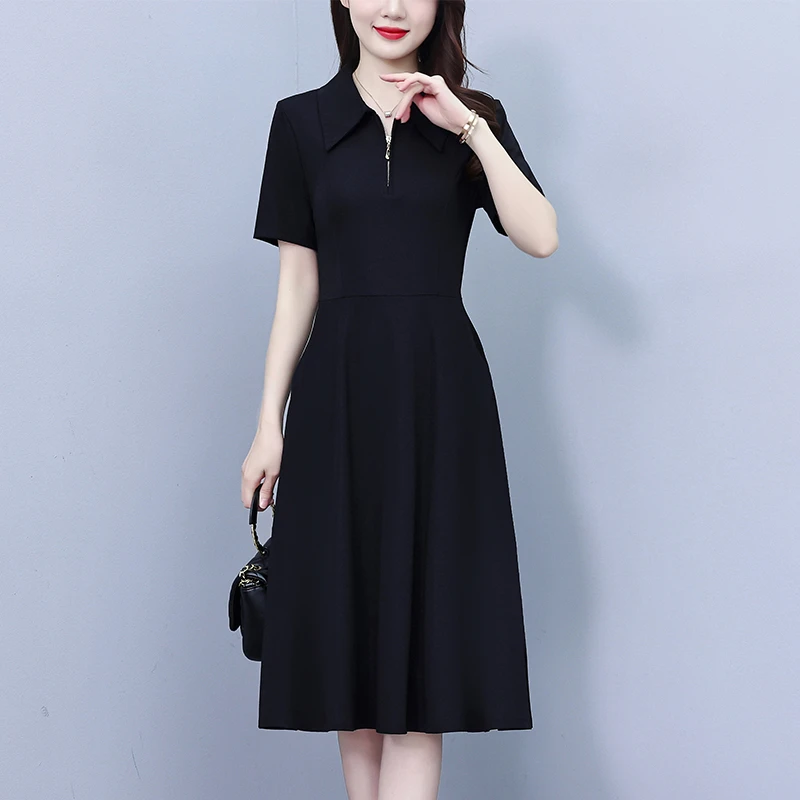 新款黑色翻领夏季短袖贵夫人妈妈遮肚修身显瘦气质中长款连衣裙