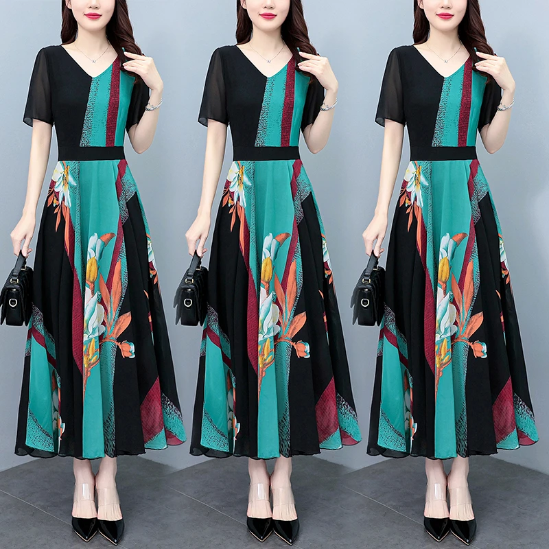 2023夏季新款高档碎花雪纺连衣裙时尚印花大码收腰显瘦遮肚子长裙