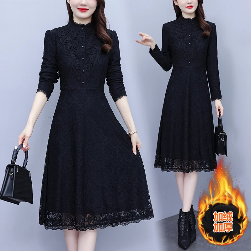 大码40到45岁连衣裙2025秋冬洋气蕾丝显瘦减龄高级感高贵打底裙子