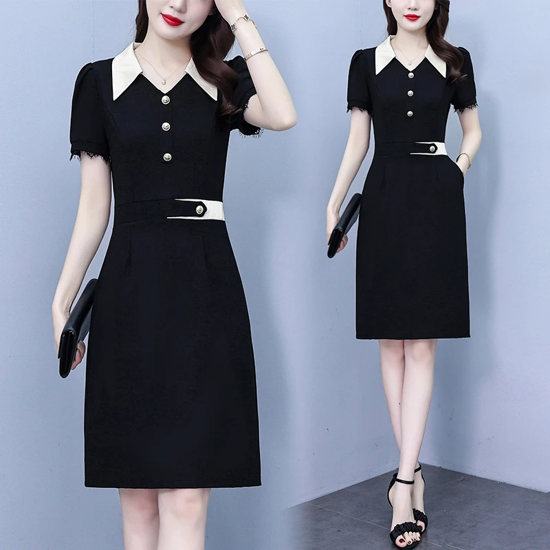 高级感法式翻领连衣裙女2025夏季新款时尚洋气拼接收腰显瘦中长裙