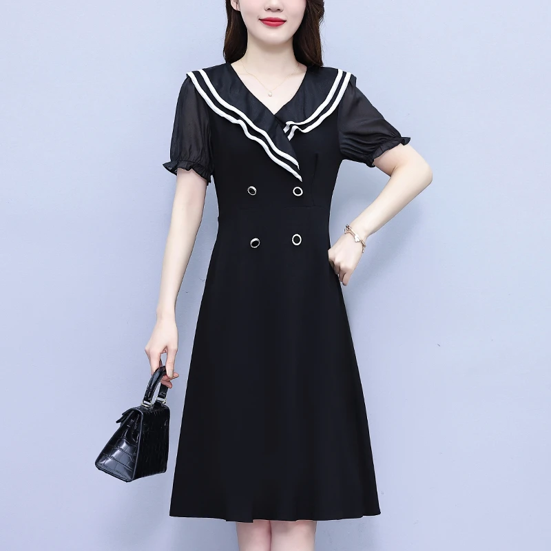 2023胖mm荷叶边领大码女装喇叭袖收腰显瘦洋气高档连衣裙夏季裙子