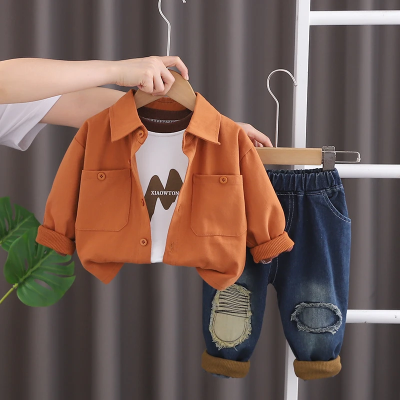 儿童秋季套装帅气外套男童洋气衬衫三件套婴儿宝宝秋装休闲衣服潮