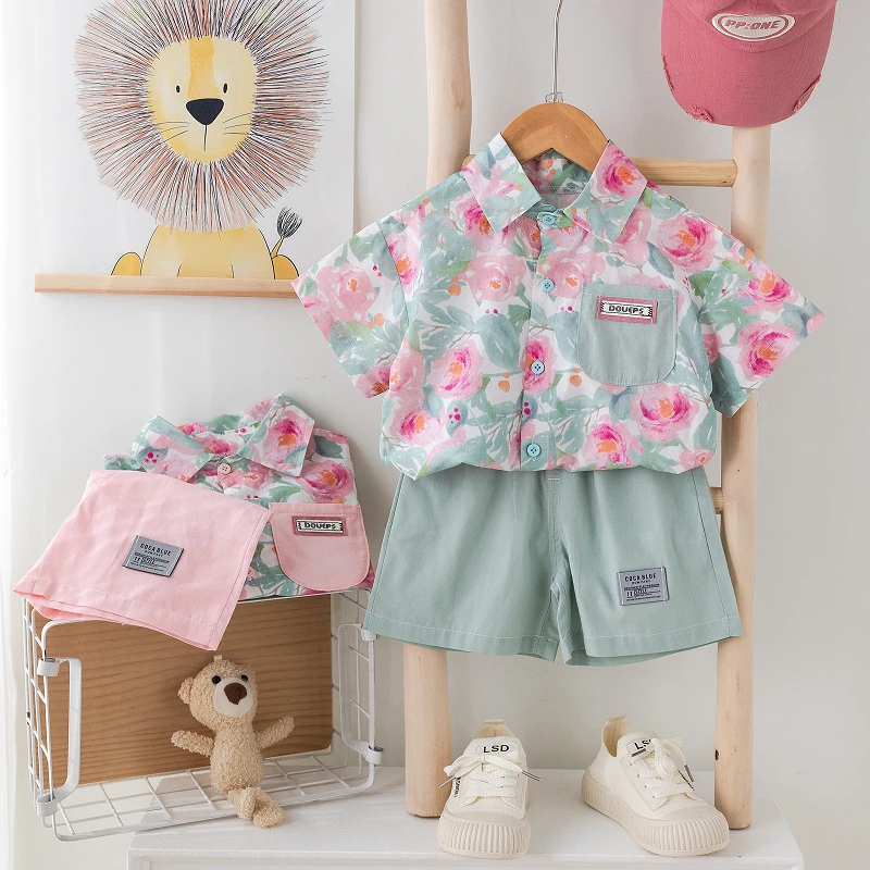 男童女童短袖衬衫套装夏季儿童2024夏天衣服宝宝夏装薄衬衣两件套