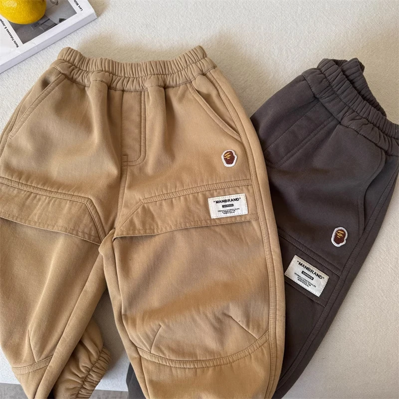 帅气儿童长裤2024冬新款男女童日系潮牌工装裤宝宝加绒束脚休闲裤