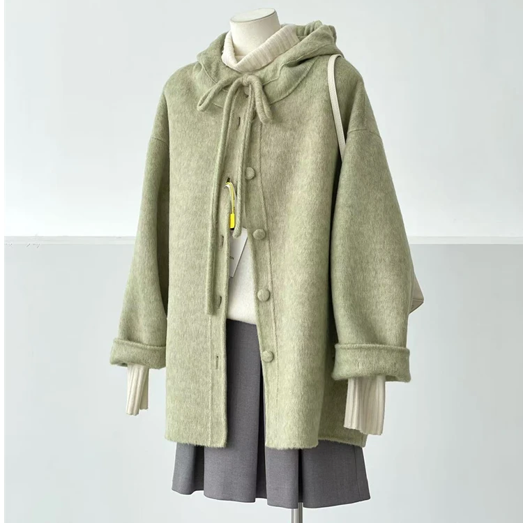 高品质韩系休闲宽松连帽短款呢子外套小个子斗篷款双面呢大衣女
