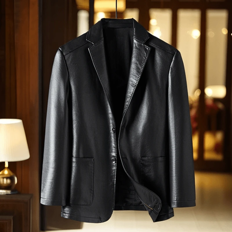 【海宁精选】男士时尚休闲大气皮衣春秋真皮商务皮夹克外套上衣