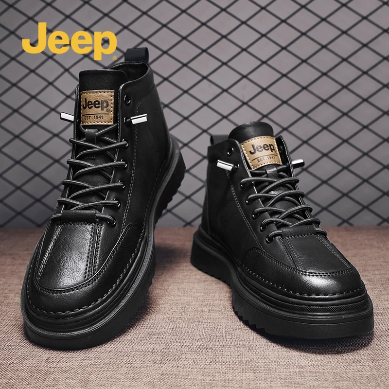 jeep吉普马丁靴男2025秋冬新款中帮黑色商务皮靴潮流机车工装鞋子