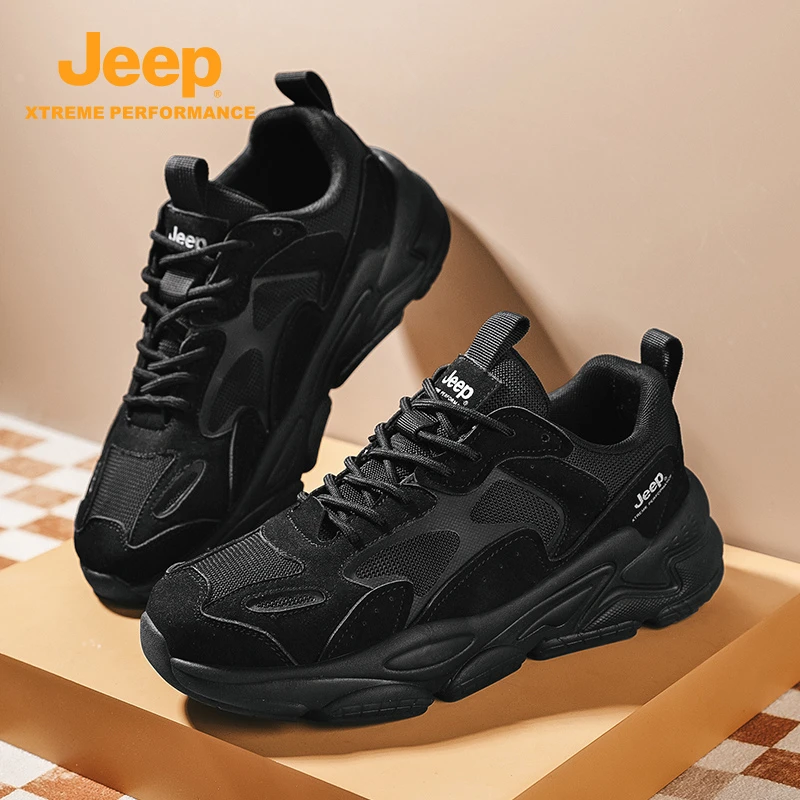 Jeep吉普黑武士男鞋2025新款网面耐磨运动鞋厚底增高纯黑老爹潮鞋