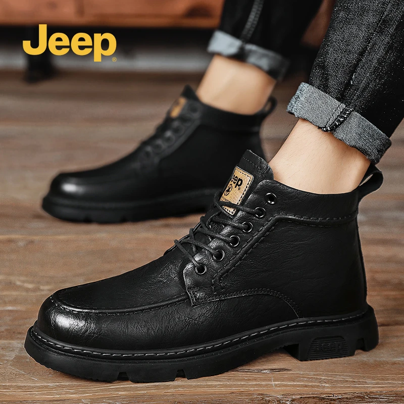 Jeep吉普马丁靴男冬季新款英伦冬季机车黑色工装短靴男士中帮皮鞋