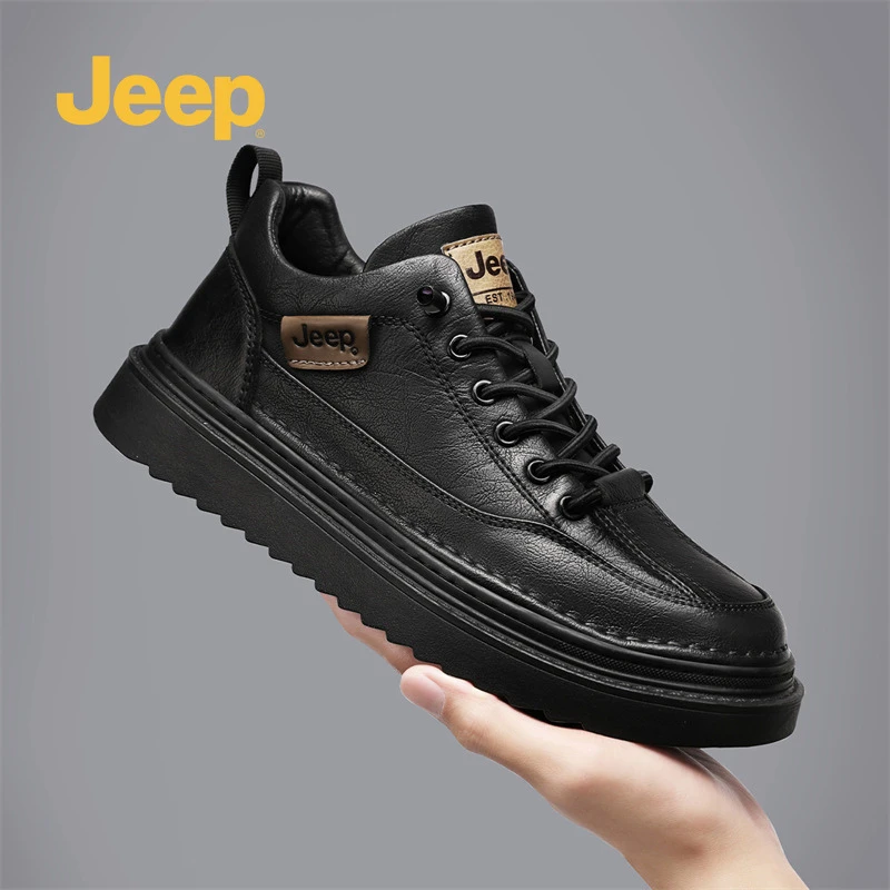 Jeep吉普男鞋2025新款冬季黑色板鞋增高款马丁鞋男士百搭休闲皮鞋