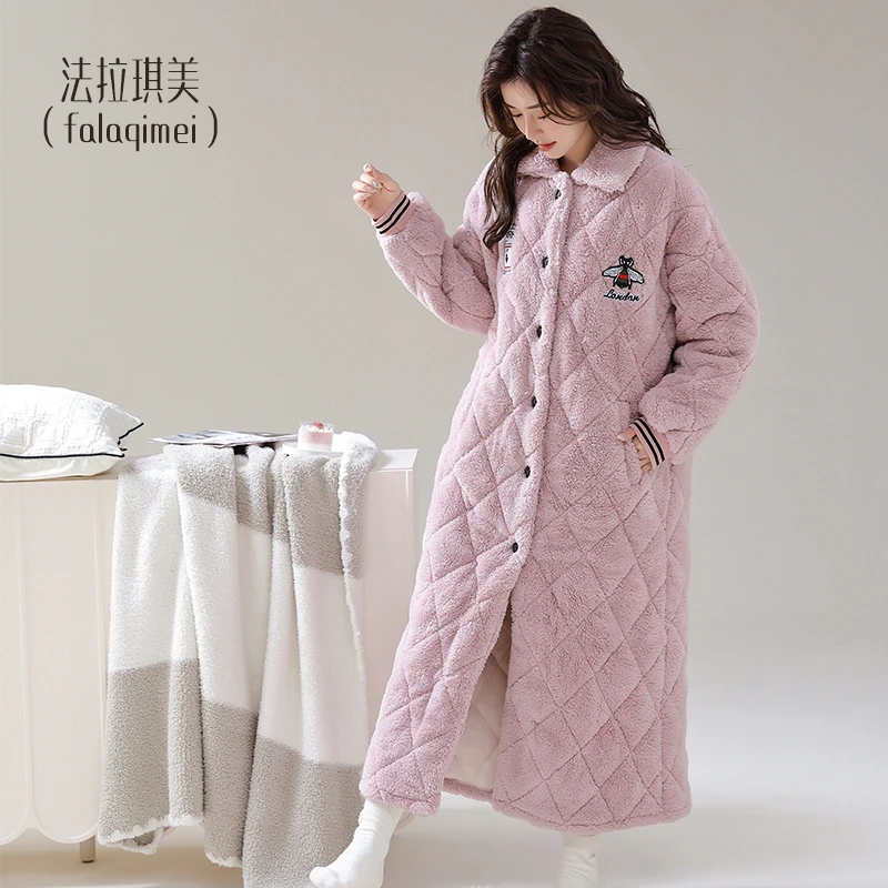 三层夹棉袄睡袍女秋冬款加厚加绒翻领纽扣长款可外穿晨袍保暖睡衣
