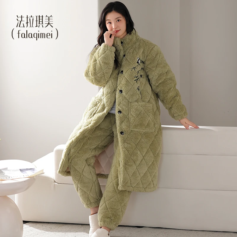 新中式熊猫立领长款睡衣冬天珊瑚绒加厚夹棉袄女士保暖家居服套装